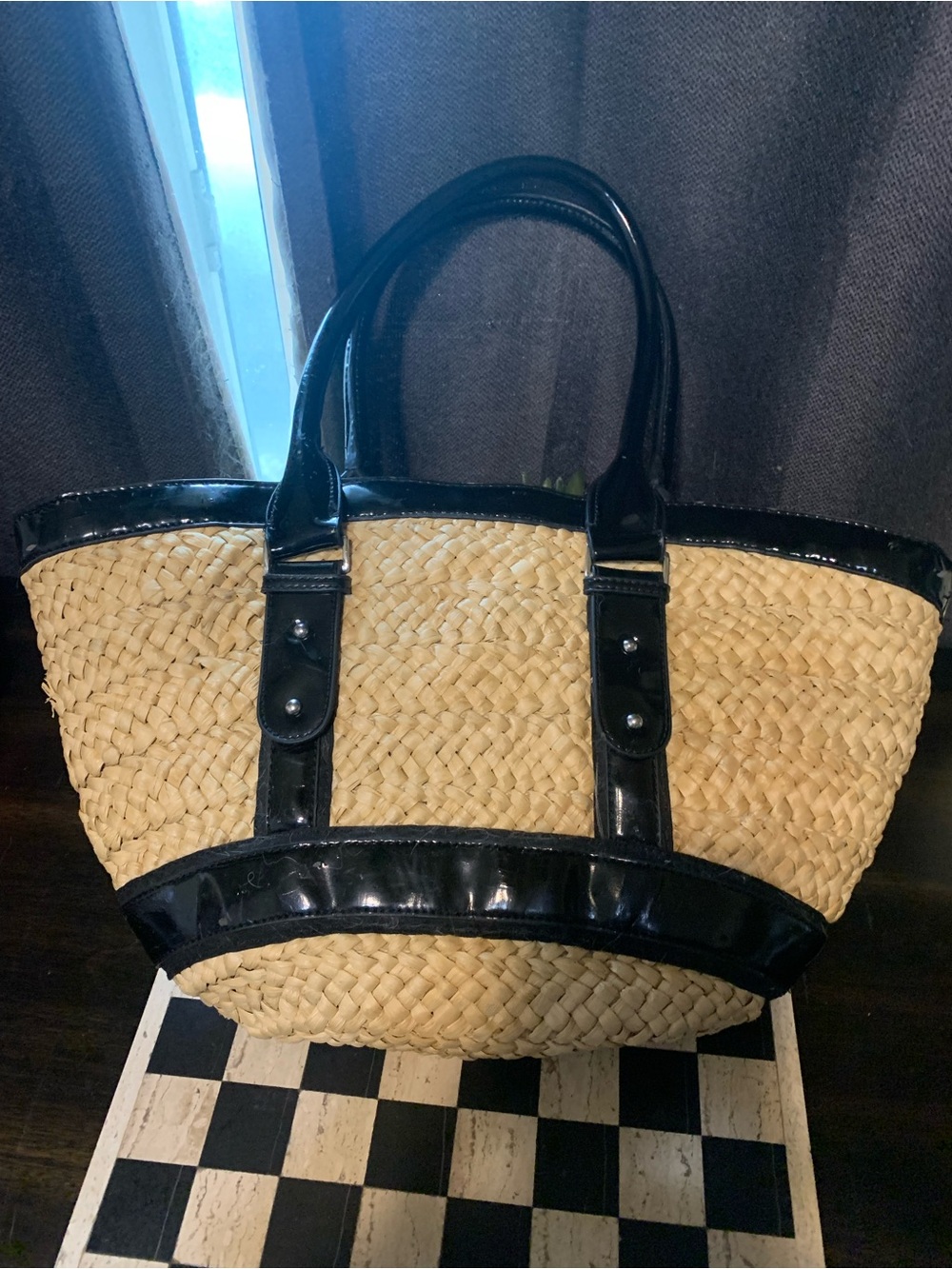 Kate Landry Natural Straw Tote with Black Patent Trim